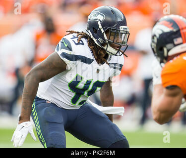 09 septembre 2018 : Seattle Seahawks linebacker Shaquem Griffin (49) au cours du troisième trimestre d'un match de la NFL entre les Seattle Seahawks et les Broncos de Denver Broncos at Mile High Stadium Denver CO, Scott D Stivason/Cal Sport Media Banque D'Images