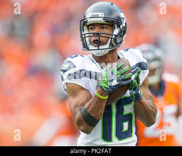 09 septembre 2018 : Seattle Seahawks wide receiver Tyler Lockett (16) au cours du troisième trimestre d'un match de la NFL entre les Seattle Seahawks et les Broncos de Denver Broncos at Mile High Stadium Denver CO, Scott D Stivason/Cal Sport Media Banque D'Images