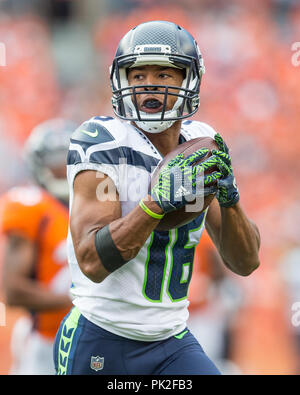 09 septembre 2018 : Seattle Seahawks wide receiver Tyler Lockett (16) au cours du troisième trimestre d'un match de la NFL entre les Seattle Seahawks et les Broncos de Denver Broncos at Mile High Stadium Denver CO, Scott D Stivason/Cal Sport Media Banque D'Images