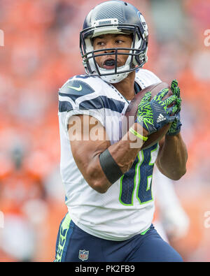 09 septembre 2018 : Seattle Seahawks wide receiver Tyler Lockett (16) au cours du troisième trimestre d'un match de la NFL entre les Seattle Seahawks et les Broncos de Denver Broncos at Mile High Stadium Denver CO, Scott D Stivason/Cal Sport Media Banque D'Images