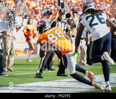 09 septembre 2018 : Denver Broncos receveur Demaryius Thomas (88) dans la zone des buts avec une prise au cours du quatrième trimestre d'un match de la NFL entre les Seattle Seahawks et les Broncos de Denver Broncos at Mile High Stadium Denver CO, Scott D Stivason/Cal Sport Media Banque D'Images