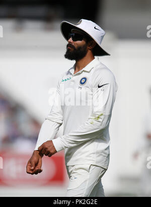 Kia Oval, Londres, Royaume-Uni. 10 Sep, 2018. International Cricket Match Test Specsavers, 5e essai, jour 4 ; Ravindra Jadeja de l'Inde : Plus de crédit d'Action Sports/Alamy Live News Banque D'Images