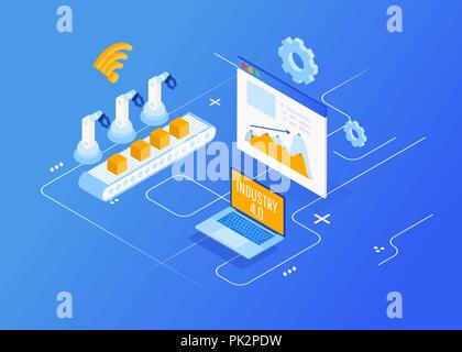 L'industrie de l'automatisation des usines, isométrique 4.0, Internet des Objets, Vector illustration pour les périphériques connectés en utilisant différents symboles Illustration de Vecteur