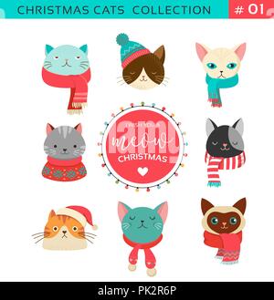 Joyeux Noël salutations avec cute cats personnages, collection vector Illustration de Vecteur