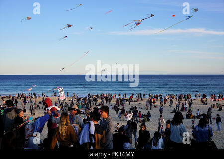 Faire voler un cerf-volant au Festival du vent à la plage de Bondi, Australie Banque D'Images