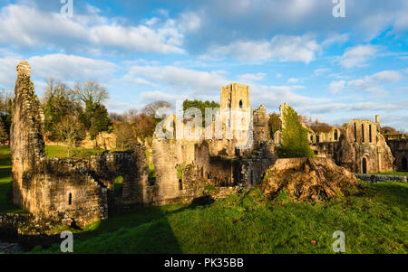 Les ruines de l'abbaye de Fountains sur un matin d'automne, vue de l'autre côté de la rivière Skell près de Ripon, Yorkshire, UK. Banque D'Images