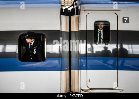 TOKYO, JAPON - 20 NOVEMBRE 2015 : Les voyageurs japonais est à la recherche de la fenêtre Shinkansen sur la gare de Tokyo, Japon. Banque D'Images