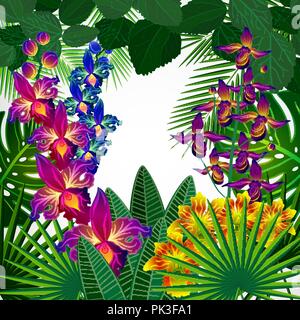 Des fleurs tropicales et des feuilles. Floral design arrière-plan. Illustration de Vecteur