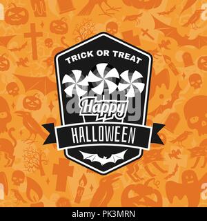 Badge vintage Halloween, de l'emblème ou l'étiquette. Vector illustration. Invité à une fête d'Halloween avec des bonbons. Pour l'impression sur t shirt, tee, carte, invitation, t Illustration de Vecteur