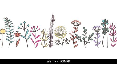 Vector hand drawn seamless pattern fleurs et des plantes. Mignon et élégant ensemble floral botanique. Herbes Doodle frontière. Illustration de Vecteur