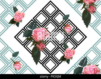 Seamless Floral motif avec gride. Aquarelle jardin rose roses dans un style dessiné à la main. Fleurs élégantes, vector illustration pour textile, de l'arb Banque D'Images