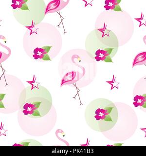 Modèle sans couture avec Flamingo, rose des fleurs et des étoiles - vecteur modèle d'été Illustration de Vecteur