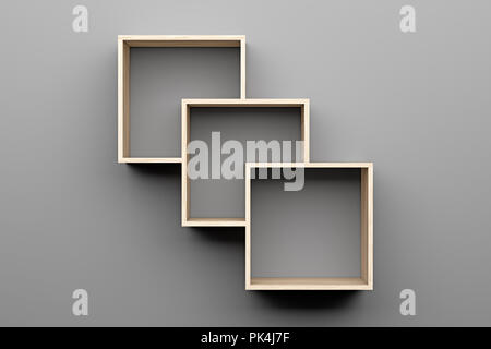 Vide étagères en bois sur mur gris avec la lumière par le haut. 3d illustration Banque D'Images