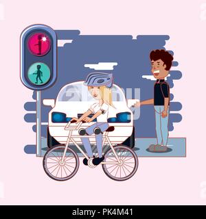 Conduire en toute sécurité avec femme équitation un vélo ou une voiture au feu rouge sur fond rose, design coloré. vector illustration Illustration de Vecteur