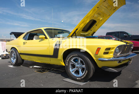 CONCORD, NC (USA) - 7 septembre 2018 : UN 1970 Ford Mustang Boss 302 sur l'affichage à l'Pennzoil AutoFair Classic Car Show à Charlotte Motor Speedway. Banque D'Images