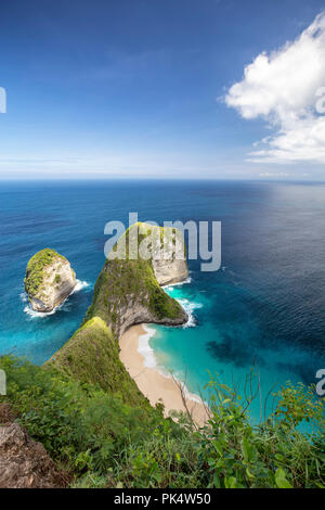 Vue Portrait d'Kelingking beach à partir de ci-dessus. Banque D'Images