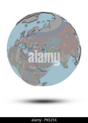 L'Azerbaïdjan avec drapeau national sur globe politique avec ombre isolé sur fond blanc. 3D illustration. Banque D'Images