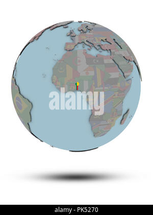 Drapeau national du Bénin avec le globe politique avec ombre isolé sur fond blanc. 3D illustration. Banque D'Images