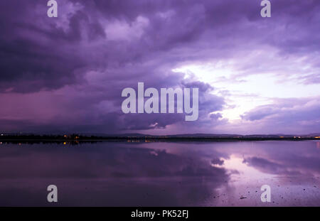 Lac salé de Larnaca au coucher du soleil. Vue panoramique dans des tons violets Banque D'Images