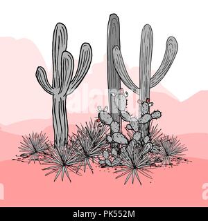 Groupe de cactus. Cactus, d'agaves bleus, et saguaro. Mexique carte dessiné à la main. Vector illustration. Palette élégante. Arrière-plan des montagnes. Illustration de Vecteur