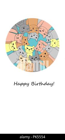 De nombreux chats drôles. Joyeux anniversaire carte. Vector Illustration de Vecteur