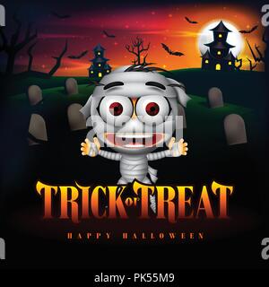 Halloween Trick ou traiter l'arrière-plan et Funny Mummy caractère dans le cimetière avec Haunted House Illustration. Vector Illustration de Vecteur