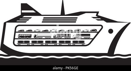 Les véhicules de transport en ferry à travers la mer - vector illustration Illustration de Vecteur
