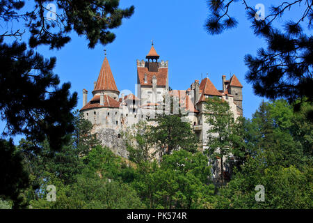 Façade du château médiéval (alias Dracula) sur une belle journée ensoleillée à Bran, Roumanie Banque D'Images