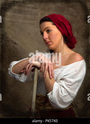 Pour recréer l'art de l'ancien monde paysan dans le champ de fleurs, retro woman holding roses, femme en prière et plus encore. Banque D'Images