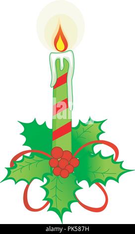 Illustration de bougie à rayures rouges et vertes feuilles andholly , des baies et ribbon bow isolé sur fond blanc Illustration de Vecteur