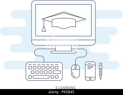 E-learning et e-éducation - l'icône de l'enseignement à distance et de l'examen concept Illustration de Vecteur