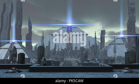 Le rendu 3D d'une ancienne ville futuriste Banque D'Images