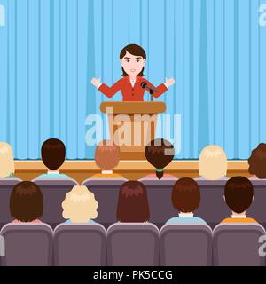 La femme sont dépasser dans la salle de réunion, télévision, illustration vectorielle, bandes dessinées. Man in suit se tient sur la scène avec rideau derrière tribune w Illustration de Vecteur