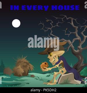 Poster dans Wild West style sur l'appartement de tous les maux de l'Halloween. Le squelette d'un homme dans un chapeau assis sur un rocher dans la nuit par la lumière de la pleine lune. Illustration de Vecteur