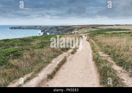 Un article endommagé fortement érodé du South West Coast Path sur la côte nord des Cornouailles. Banque D'Images