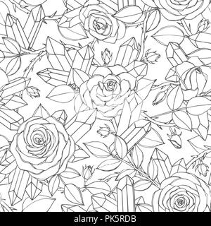 Vector hand drawn seamless pattern de fleurs rose avec bourgeons, feuilles, tiges épineuses et d'art de la ligne de cristaux sur le fond blanc. Ornement Floral de b Illustration de Vecteur