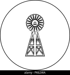 Moulin à vent éoliennes icône américaine classique couleur noir en cercle rond contours vector JE Illustration de Vecteur