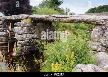 Clapper médiévale pont traversant la rivière Dart Postbridge East Devon, Angleterre Dartmoor Banque D'Images