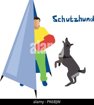 Dog sport télévision vector illustration. L'homme se cache derrière le Schutzhund aveugle. Processus de formation de chien de travail. Illustration de Vecteur