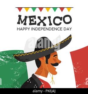 Le jour de l'indépendance du Mexique illustration de mariachi traditionnel de caractère. La main de l'homme mexicain avec sombrero et vêtements typiques sur le drapeau du pays backg Illustration de Vecteur