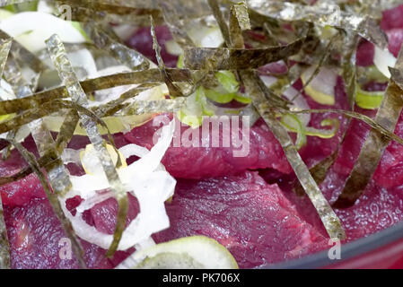 Basashi-Don LA VIANDE DE CHEVAL cru (sashimi RIZ) dans Koumi, Cho, Nagano, Japon Banque D'Images