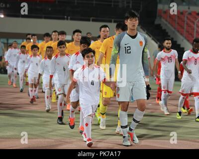 Manama. 10 Sep, 2018. Les joueurs de Chine à pied dans le pas en avant d'un match de football amical entre Bahreïn et la Chine à Manama, Bahreïn le 10 septembre 2018. Le match s'est terminé avec un 0-0 draw. Credit : Mahmood Al-Saleh/Xinhua/Alamy Live News Banque D'Images