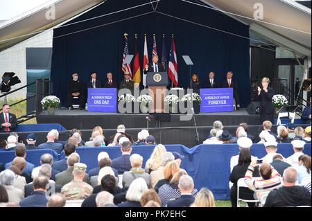 Shanksville, USA. Sep 11, 2018. Le Président américain Donald Trump parle lors d'une cérémonie tenue à la fuite 93 National Memorial, marquant le 17e anniversaire de l'attaque du 11 septembre, à Shanksville, en Pennsylvanie, aux États-Unis, Sept 11, 2018. Crédit : Yang Chenglin/Xinhua/Alamy Live News Banque D'Images