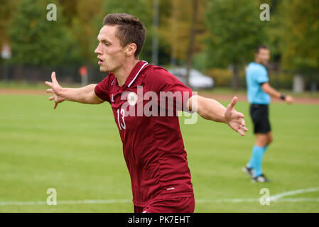 Riga, Lettonie. 11 septembre 2018. 11.09.2018. Riga, Lettonie. Raivis Andris Jurkovskis, au cours de l'EURO U21 match de football de qualification Lettonie - France Crédit : Gints Ivuskans/Alamy Live News Banque D'Images