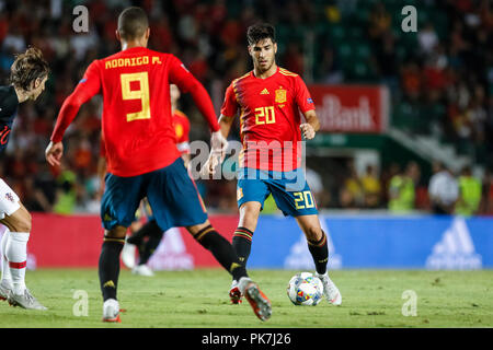 Elche, Espagne. Septembre 11, 2018. Marco Asensio et Rodrigo pendant le match de l'UEFA Ligue des Nations Unies, Groupe 4, de la Ligue, un match entre l'Espagne et la Croatie à la Martinez Valero Stadium. © ABEL F. ROS/Alamy Live News Banque D'Images