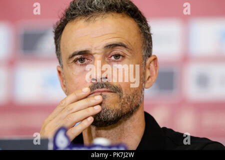 Elche, Espagne. Septembre 11, 2018. L'entraîneur espagnol Luis Enrique tient une conférence de presse de l'UEFA Ligue des Nations Unies, Groupe 4, de la Ligue, un match entre l'Espagne et la Croatie à la Martinez Valero Stadium. © ABEL F. ROS/Alamy Live News Banque D'Images