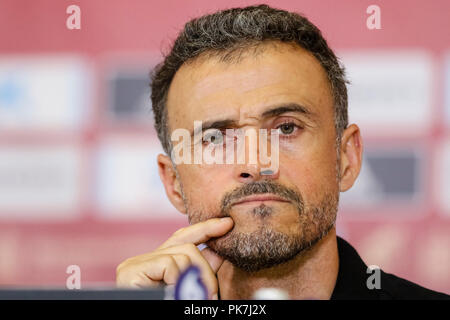 Elche, Espagne. Septembre 11, 2018. L'entraîneur espagnol Luis Enrique tient une conférence de presse de l'UEFA Ligue des Nations Unies, Groupe 4, de la Ligue, un match entre l'Espagne et la Croatie à la Martinez Valero Stadium. © ABEL F. ROS/Alamy Live News Banque D'Images