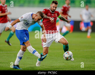 BUDAPEST, HONGRIE - 11 SEPTEMBRE : (l-r) de la Grèce Dimitris Pelkas tire sur l'objectif suivant pour Tamas Kadar de Hongrie au cours de la phase de groupes de la Ligue des Nations Unies l'UEFA match entre la Hongrie et la Grèce de Groupama Arena le 11 septembre 2018 à Budapest, Hongrie. Credit : Laszlo Szirtesi/Alamy Live News Banque D'Images