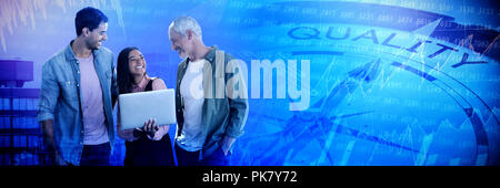 Composite image of business people discussing over laptop against white background Banque D'Images