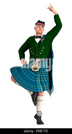 Le rendu 3D d'un highlander vêtu d'un kilt écossais dancing isolé sur fond blanc Banque D'Images